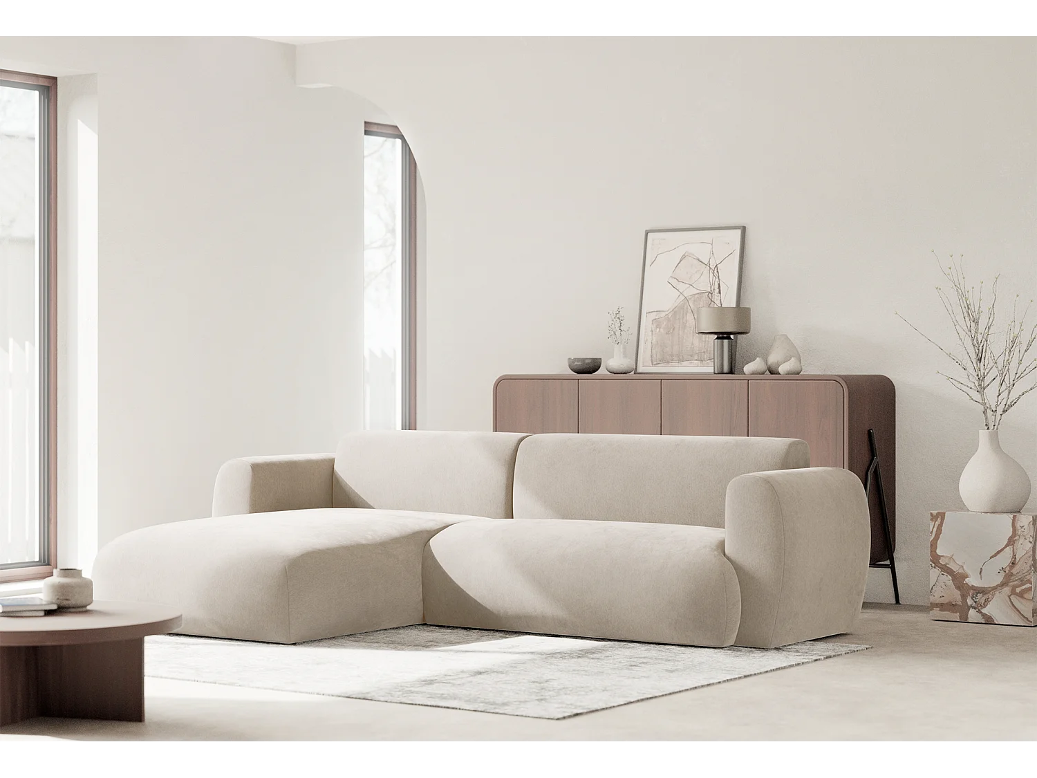 Canapé d’angle avec tissu chenille – couchage – Beige – gauche – EMIA