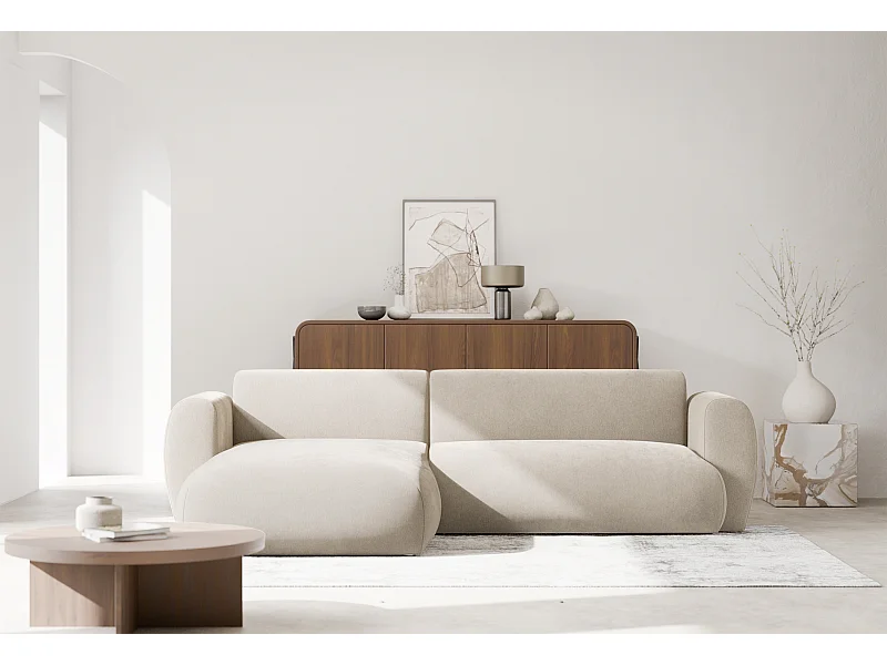 Canapé d’angle avec tissu chenille – couchage – Beige – gauche – EMIA