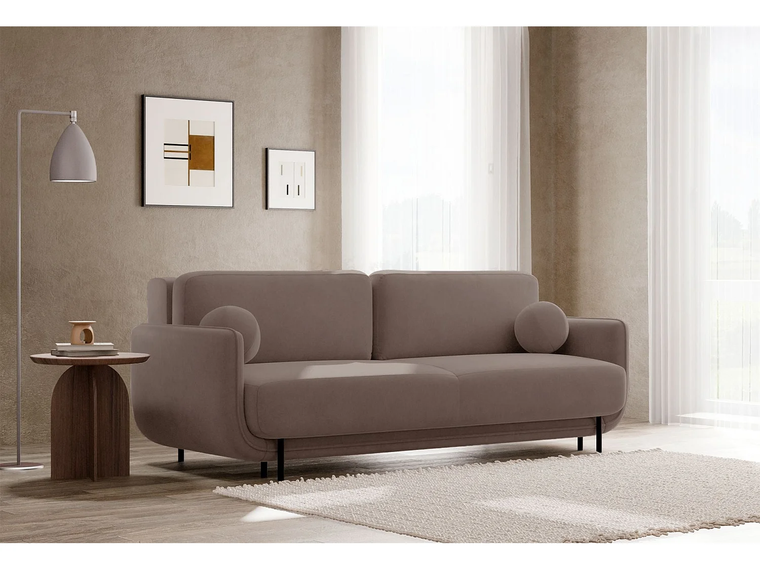 3-Sitzer Schlafsofa – Samt – Hellbraun – OVALS