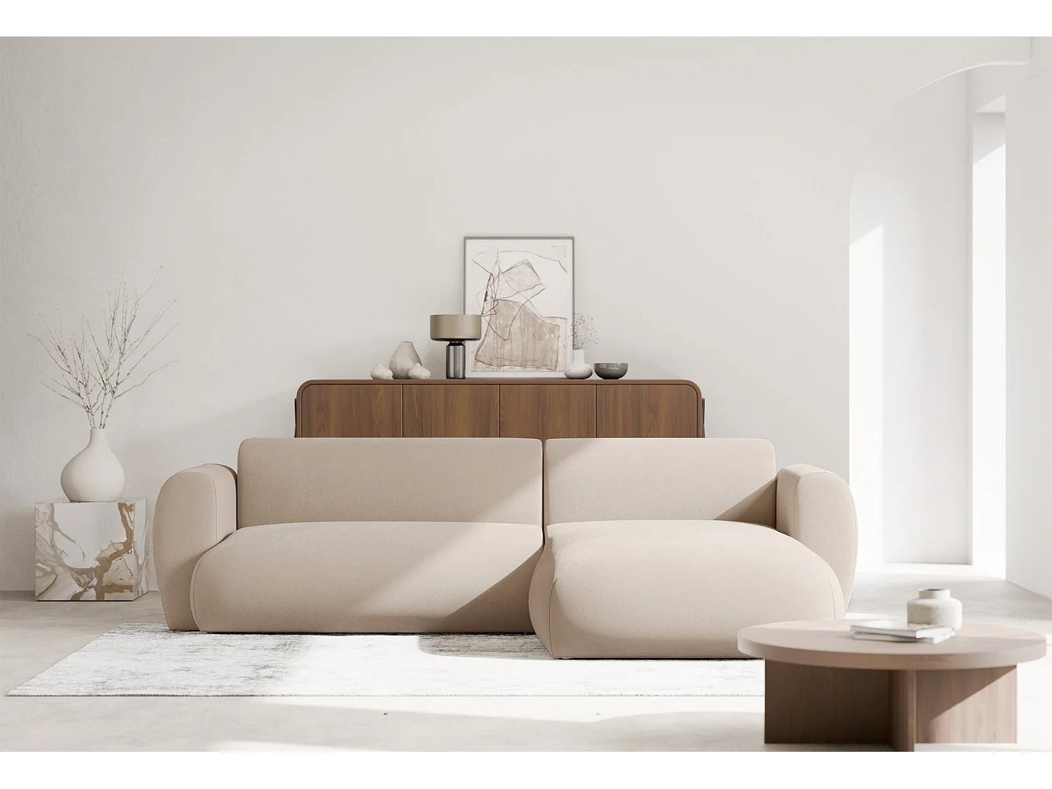 Canapé d’angle avec chenille facile d’entretien – couchage – Crème – droit – EMIA