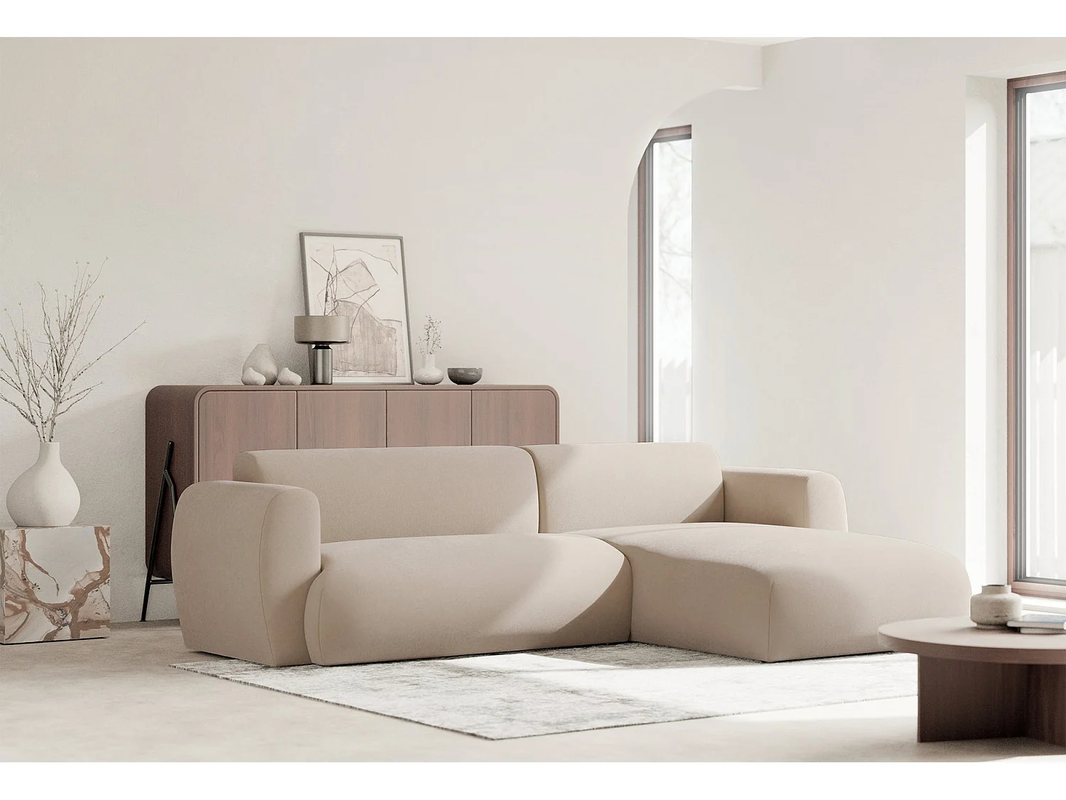 Canapé d’angle avec chenille facile d’entretien – couchage – Crème – droit – EMIA