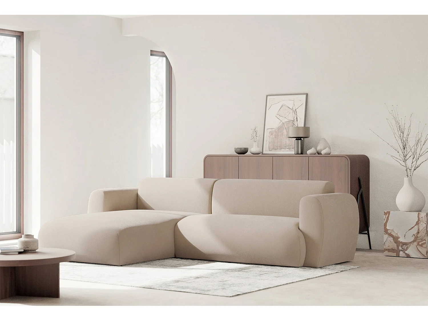 Canapé d’angle avec chenille facile d’entretien – couchage – Crème – gauche – EMIA