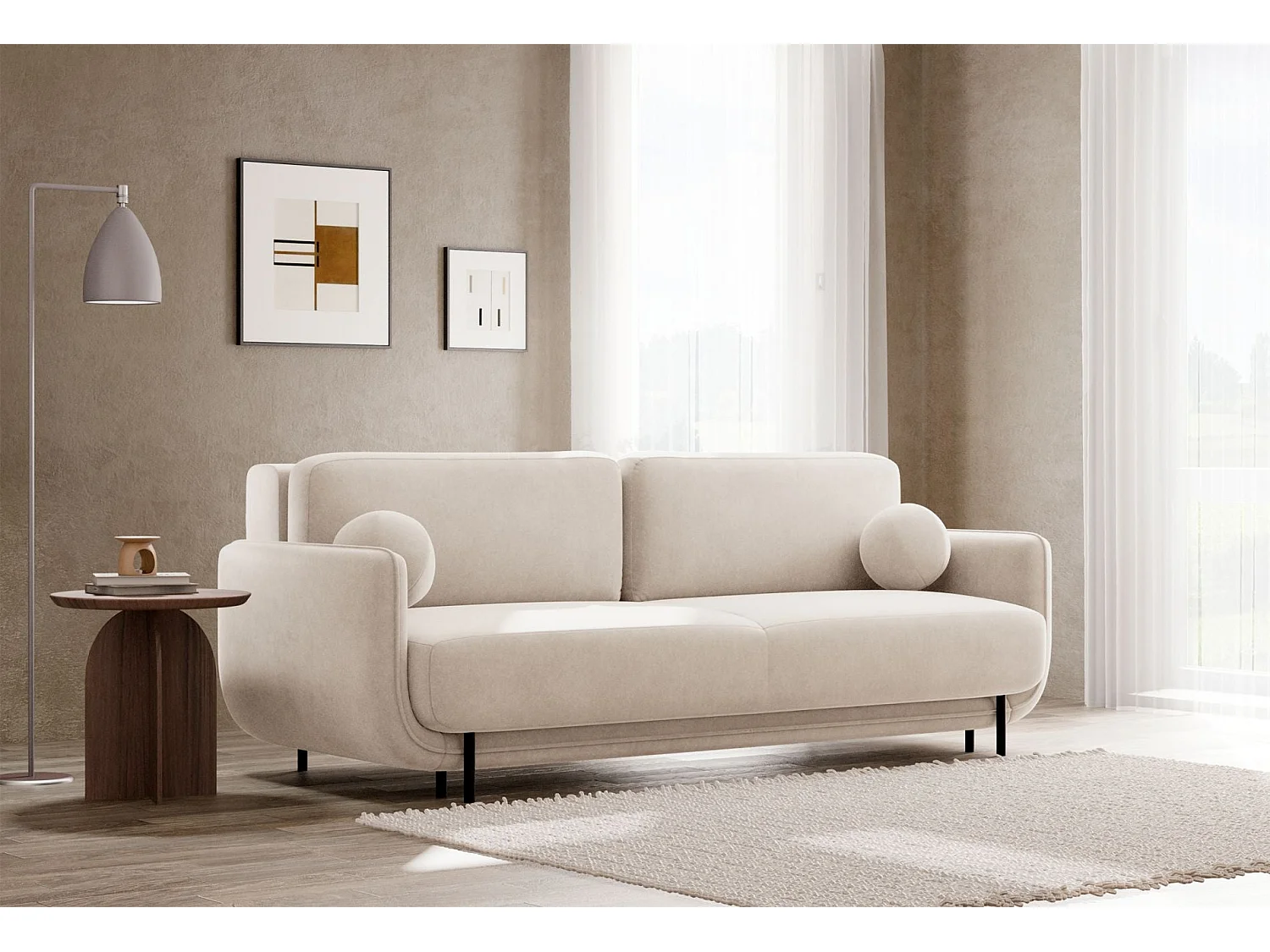 3-Sitzer Schlafsofa – Samt – Hellbeige – OVALS