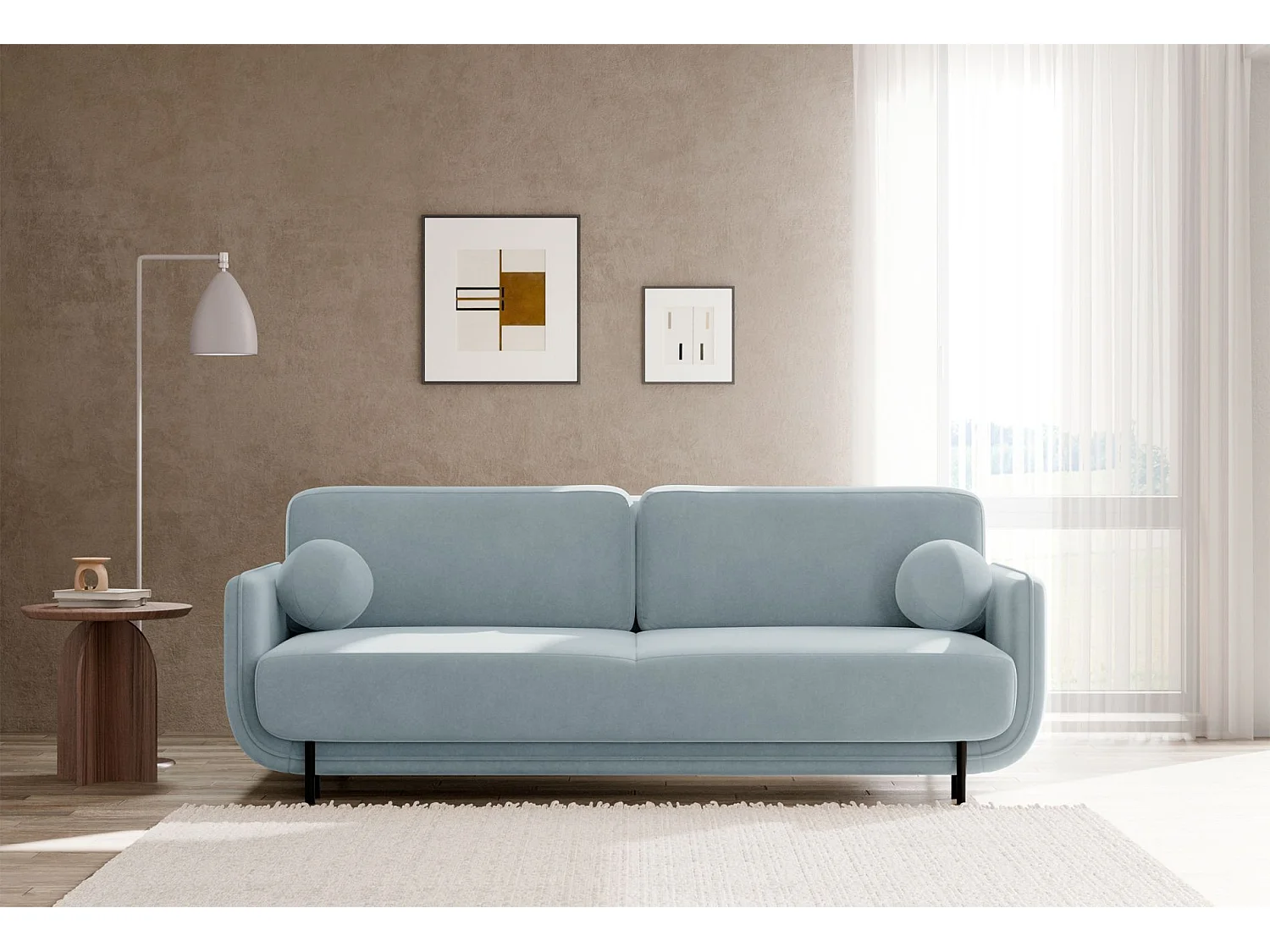 Canapé convertible 3 places – velours – bleu clair – OVALS