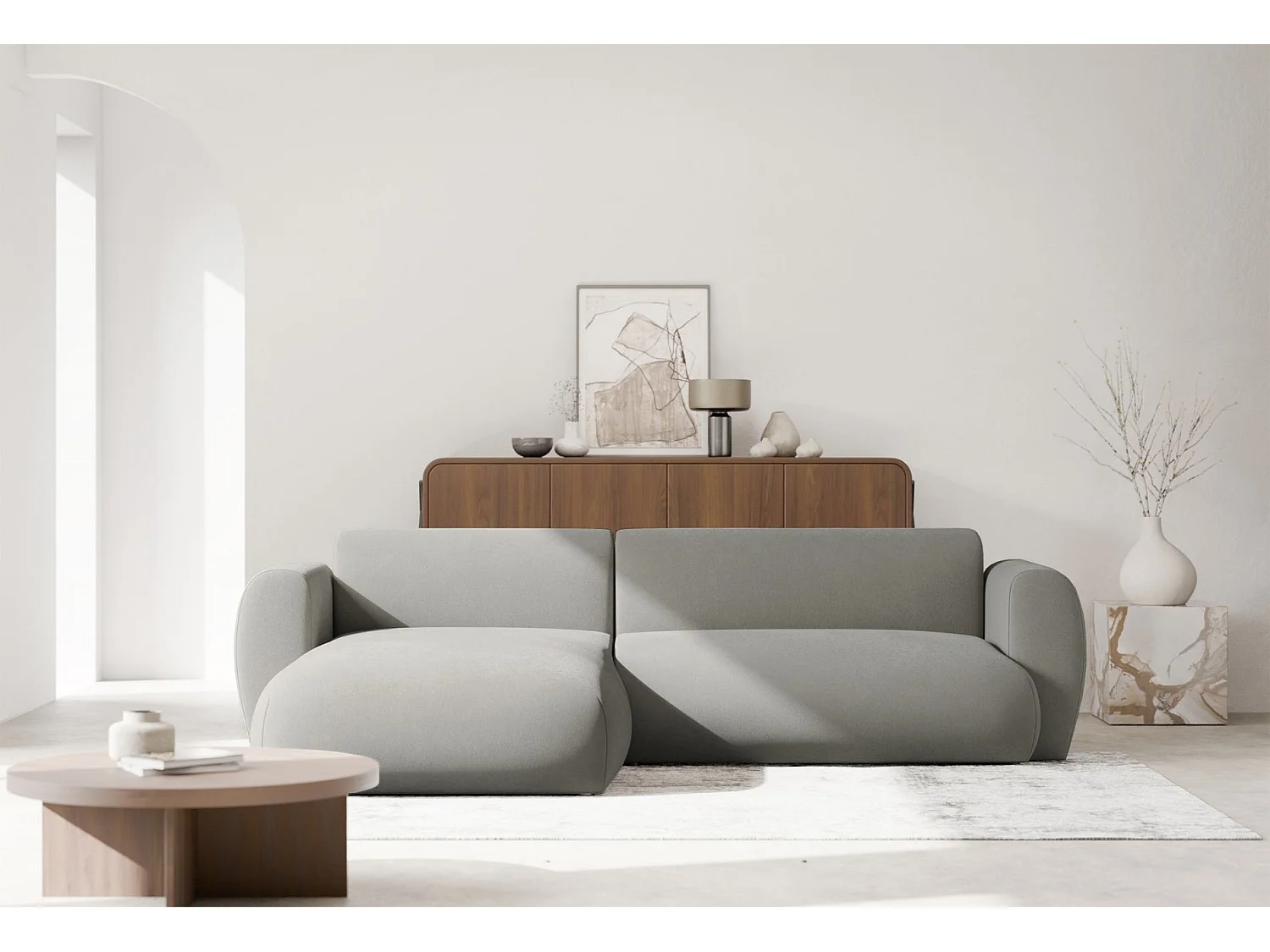 Canapé d’angle avec chenille facile d’entretien – couchage – Gris clair – gauche – EMIA