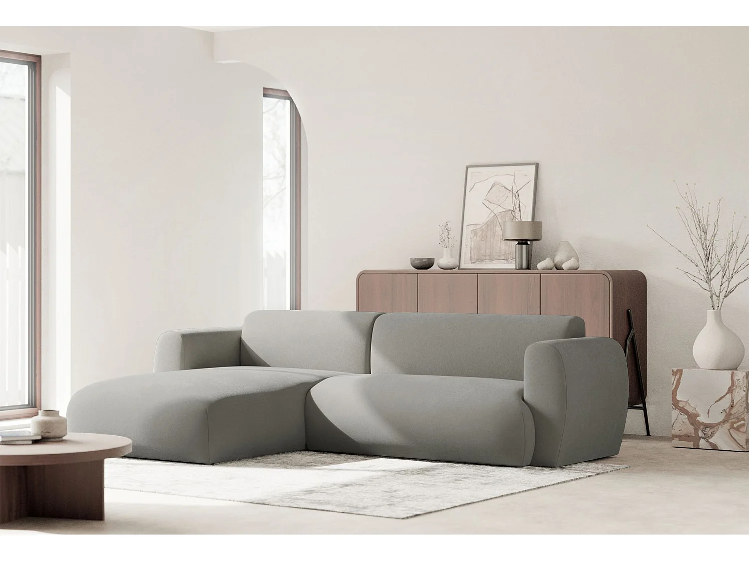 Canapé d’angle avec chenille facile d’entretien – couchage – Gris clair – gauche – EMIA