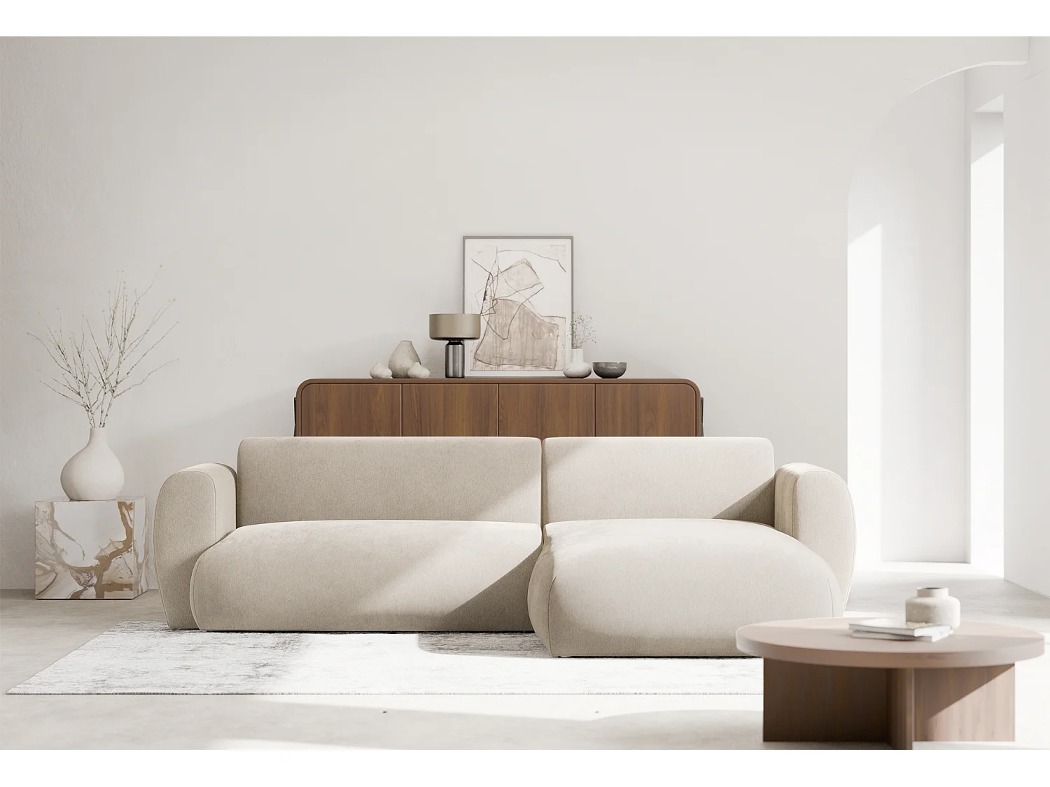 Canapé d’angle avec tissu chenille – couchage – Beige – droit – EMIA