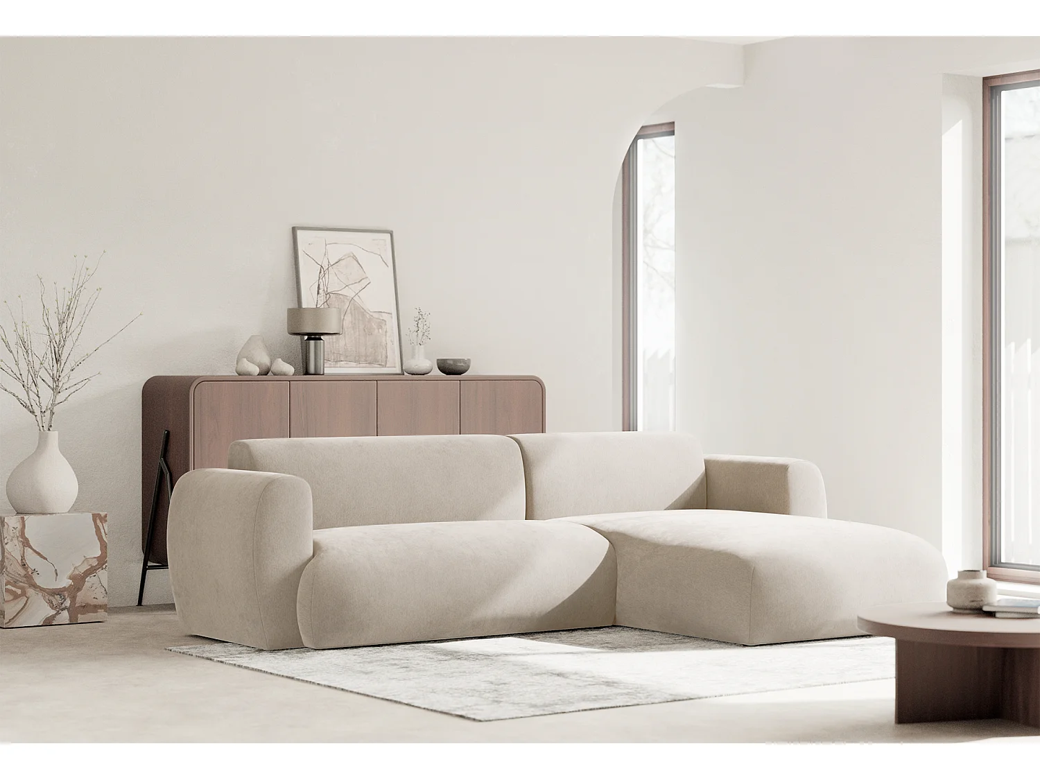 Canapé d’angle avec tissu chenille – couchage – Beige – droit – EMIA