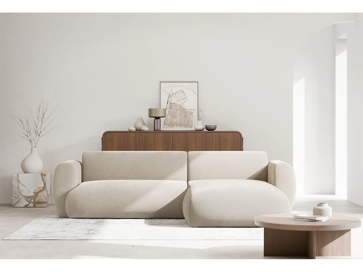 Canapé d’angle avec tissu chenille – couchage – Beige – droit – EMIA