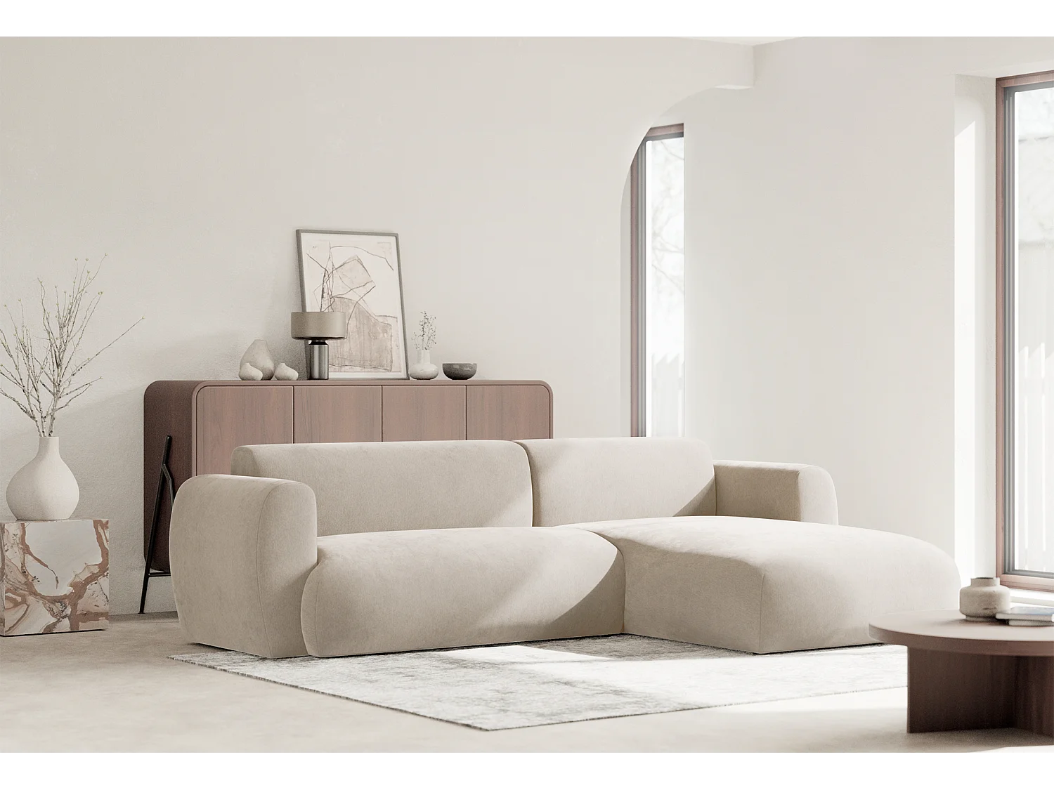 Canapé d’angle avec tissu chenille – couchage – Beige – droit – EMIA