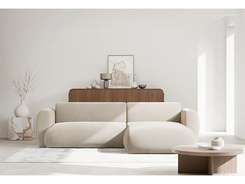 Ecksofa mit Chenillebezug – Schlaffunktion – Beige – rechts – EMIA