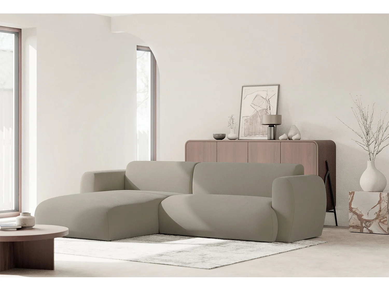 Ecksofa mit pflegeleichtem Chenillebezug – Schlaffunktion – Greige – links – EMIA