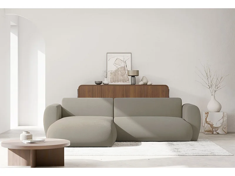 Ecksofa mit pflegeleichtem Chenillebezug – Schlaffunktion – Greige – links – EMIA