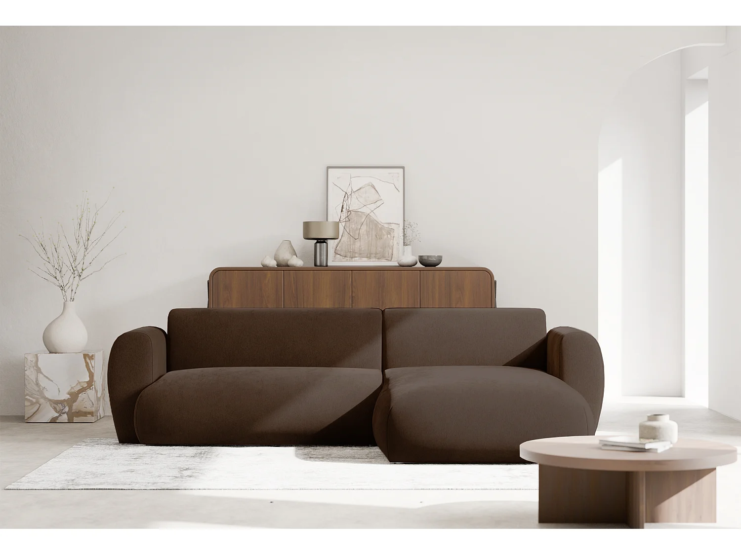 Canapé d’angle avec tissu chenille – couchage – Brun – droit – EMIA