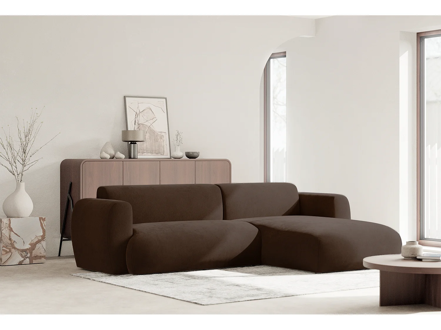 Canapé d’angle avec tissu chenille – couchage – Brun – droit – EMIA