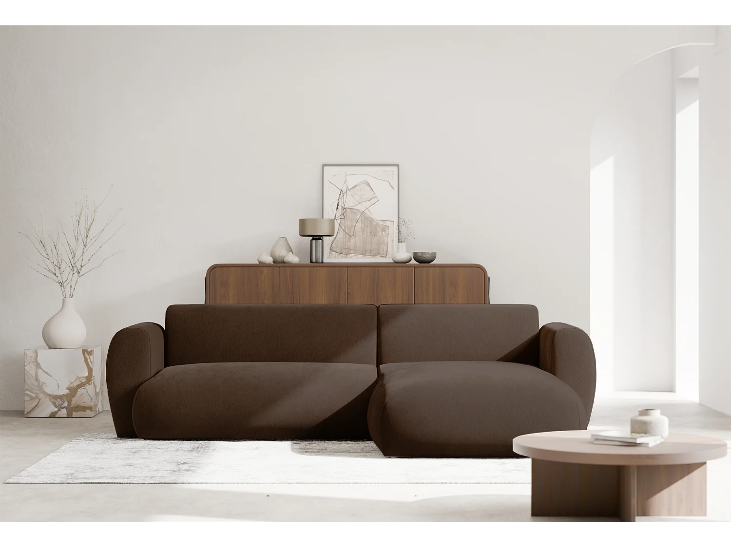 Canapé d’angle avec tissu chenille – couchage – Brun – droit – EMIA