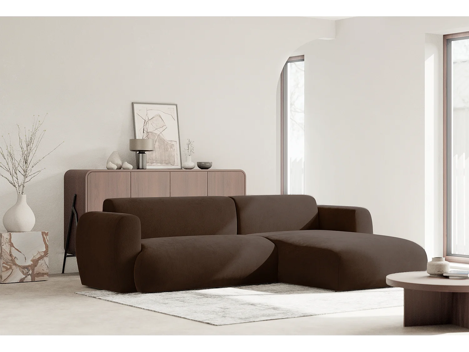 Canapé d’angle avec tissu chenille – couchage – Brun – droit – EMIA