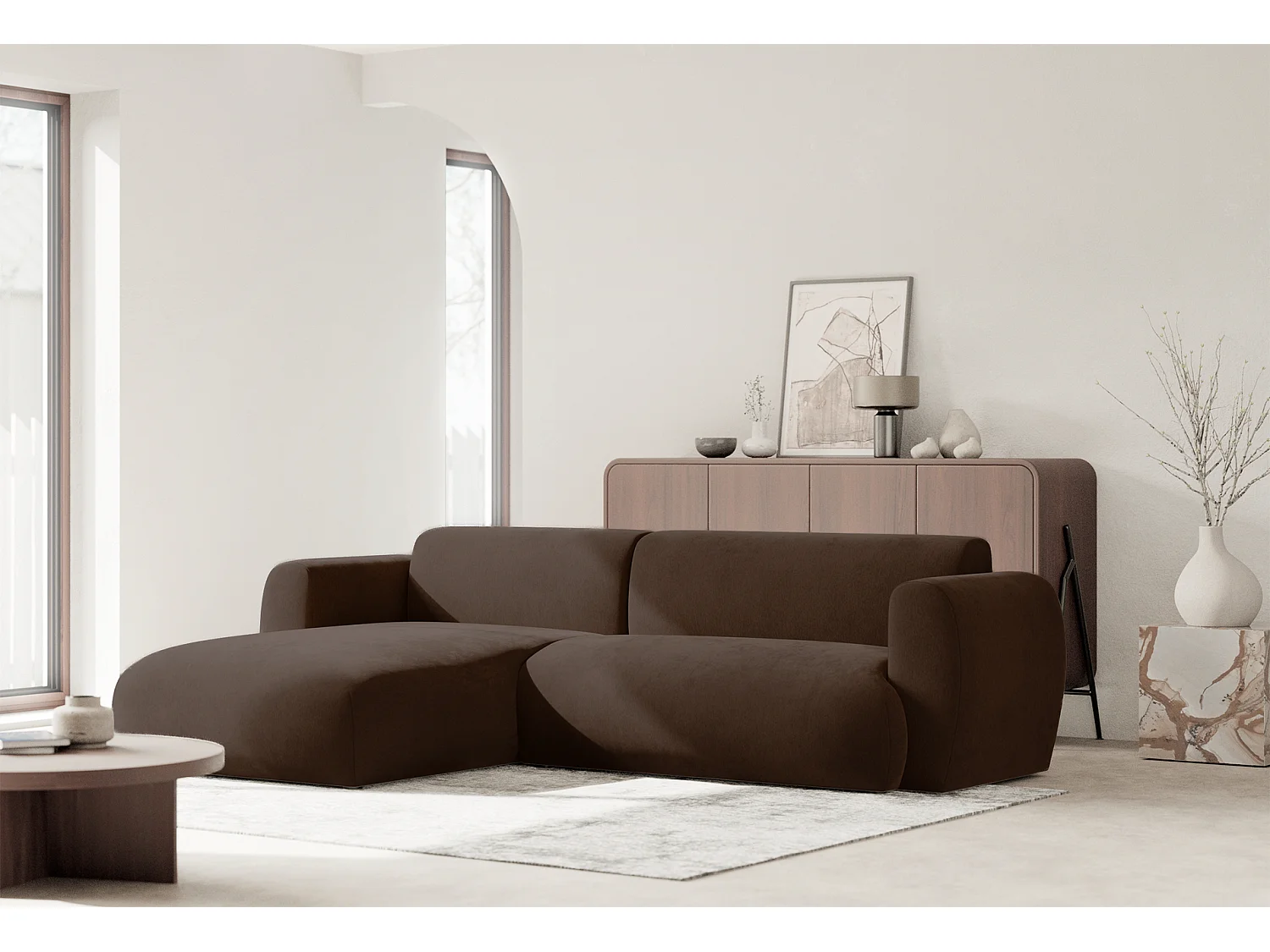 Canapé d’angle avec tissu chenille – couchage – Brun – gauche – EMIA