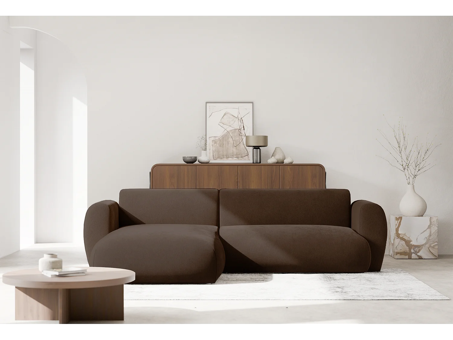 Canapé d’angle avec tissu chenille – couchage – Brun – gauche – EMIA