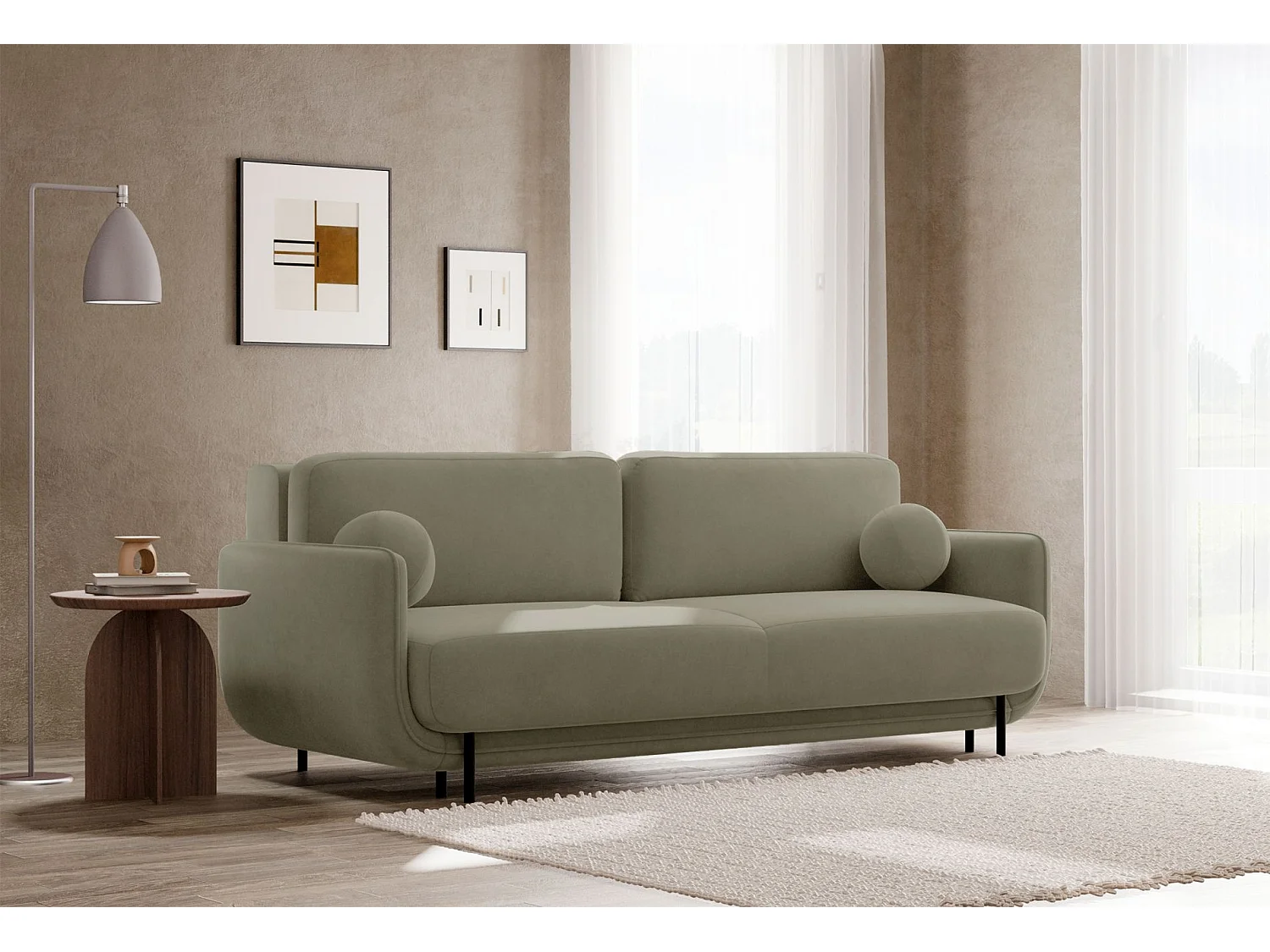 Canapé convertible 3 places – velours – vert sauge – OVALS