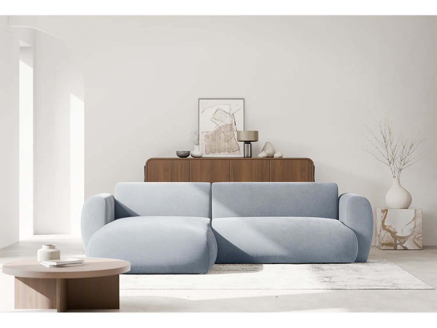 Canapé d’angle avec tissu chenille – couchage – Bleu clair – gauche – EMIA