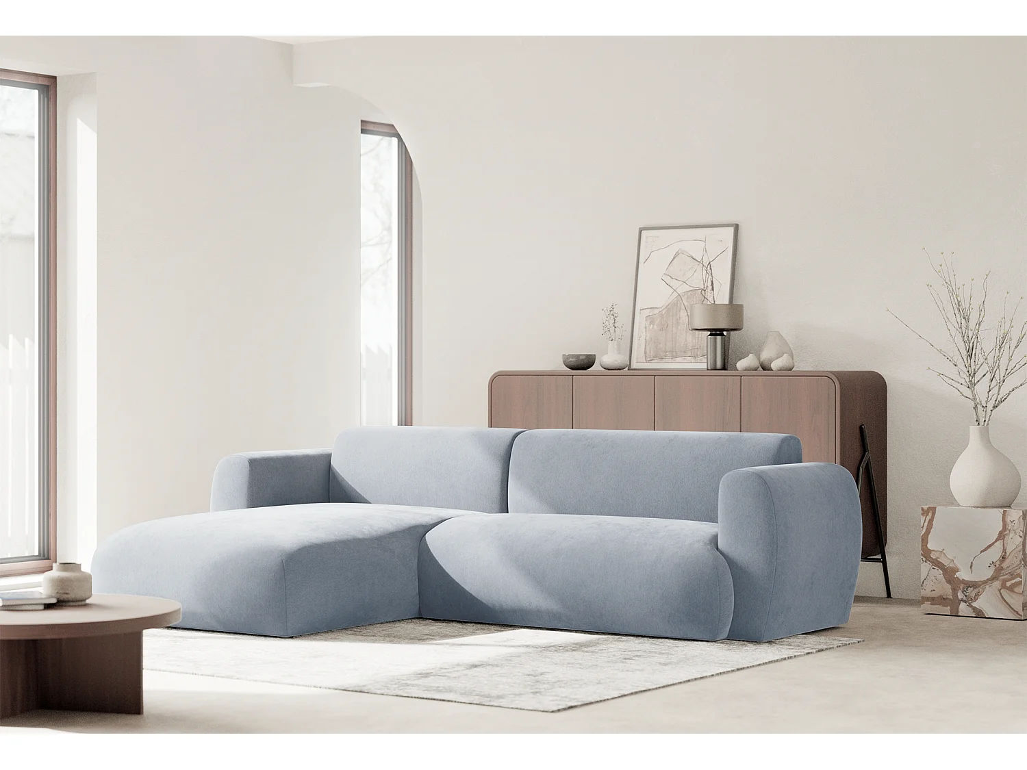 Canapé d’angle avec tissu chenille – couchage – Bleu clair – gauche – EMIA