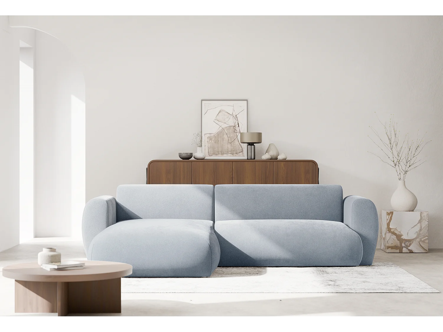 Canapé d’angle avec tissu chenille – couchage – Bleu clair – gauche – EMIA