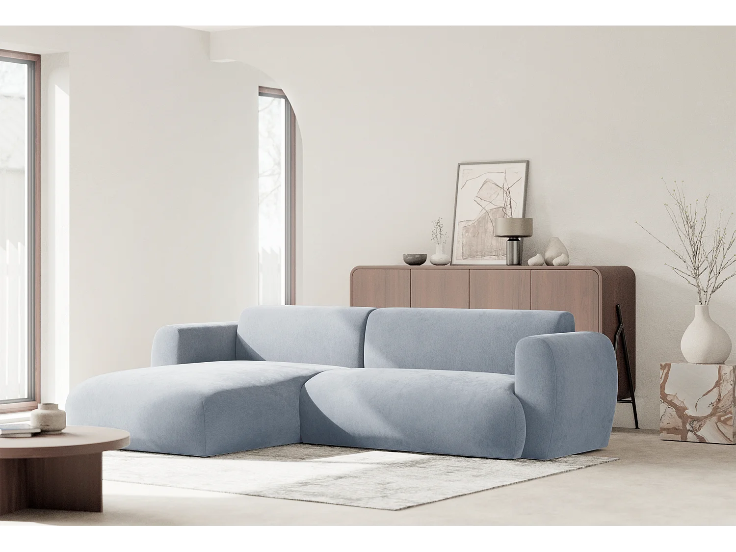 Canapé d’angle avec tissu chenille – couchage – Bleu clair – gauche – EMIA