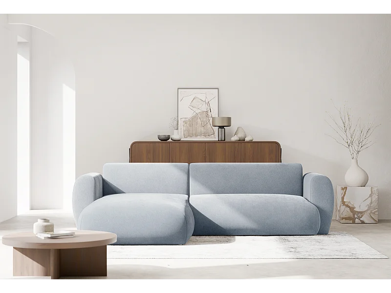 Canapé d’angle avec tissu chenille – couchage – Bleu clair – gauche – EMIA