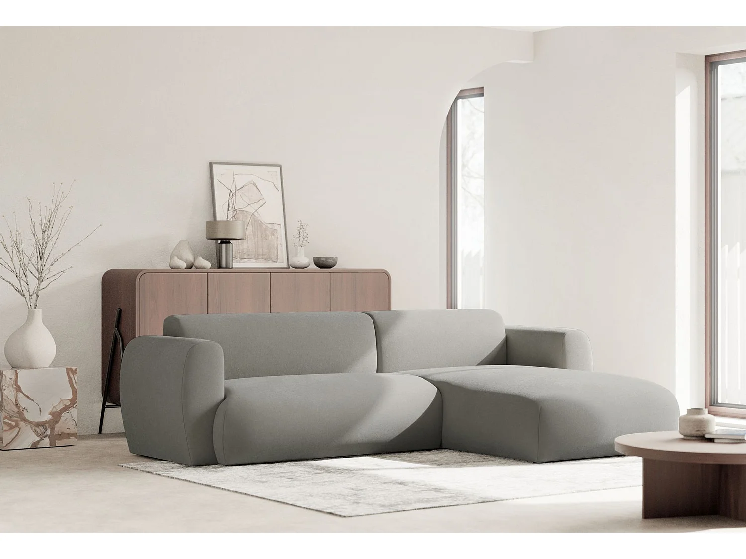 Canapé d’angle avec chenille facile d’entretien – couchage – Gris clair – droit – EMIA