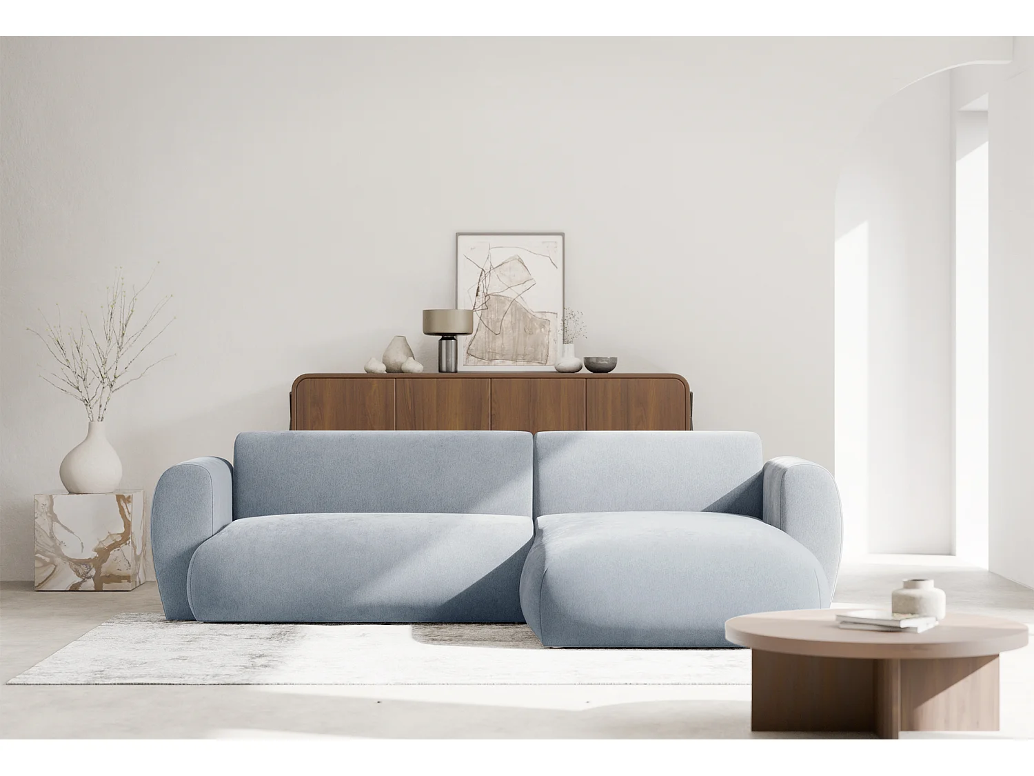 Canapé d’angle avec tissu chenille – couchage – Bleu clair – droit – EMIA