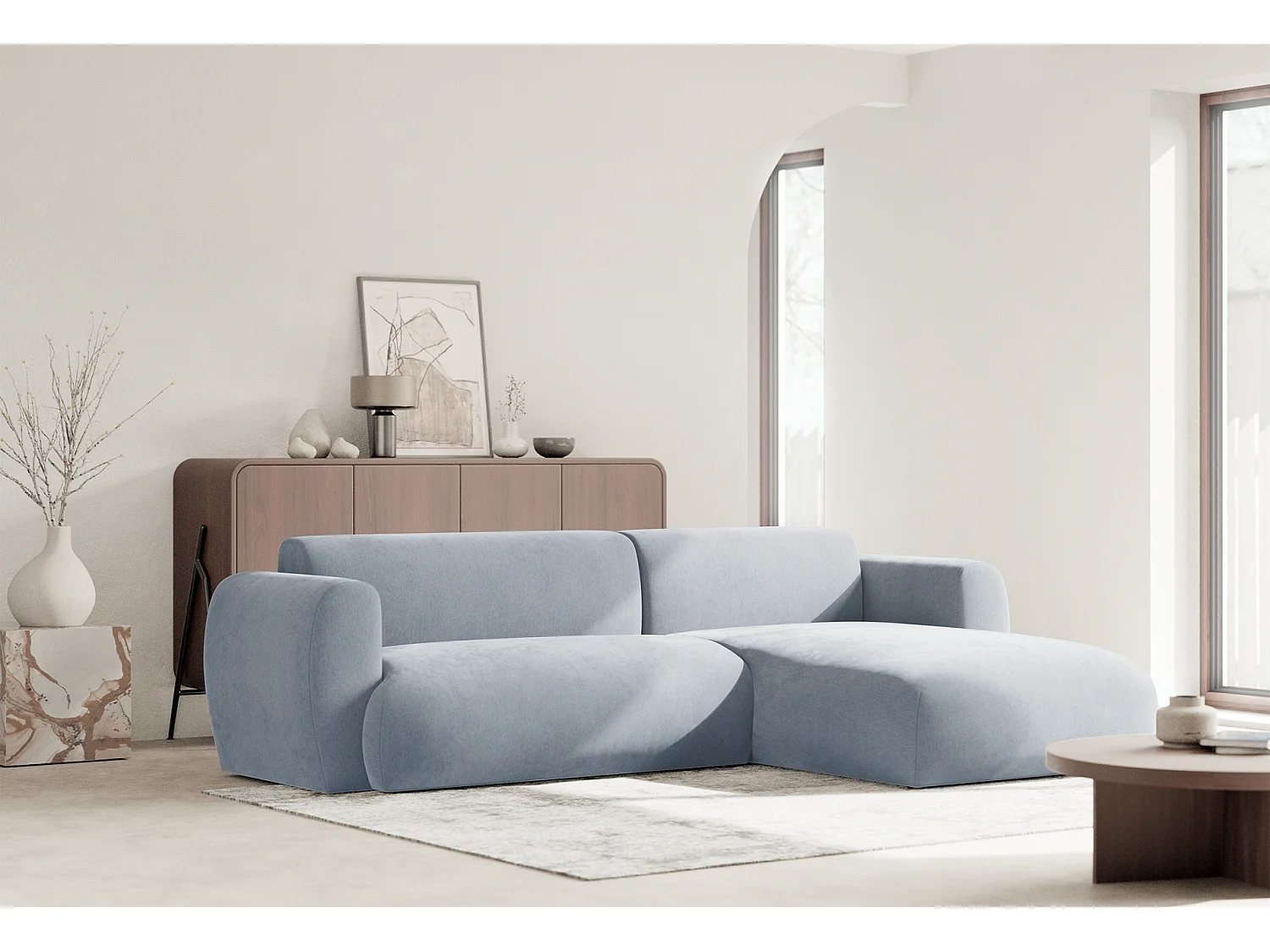 Canapé d’angle avec tissu chenille – couchage – Bleu clair – droit – EMIA
