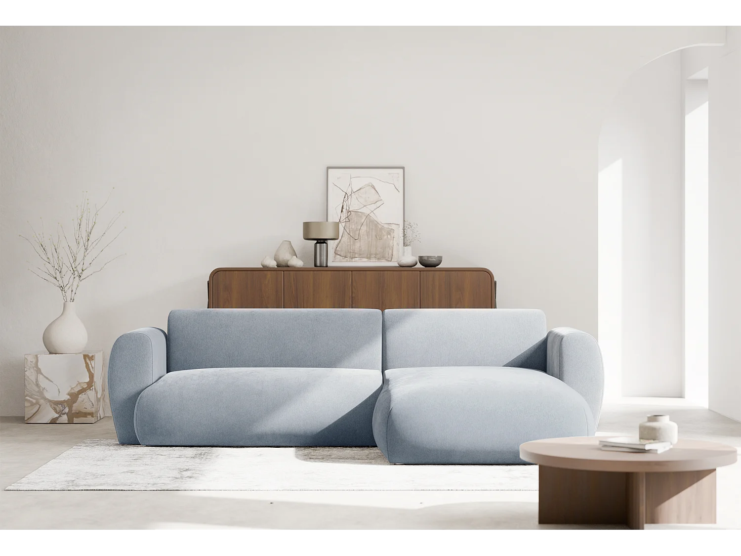 Canapé d’angle avec tissu chenille – couchage – Bleu clair – droit – EMIA