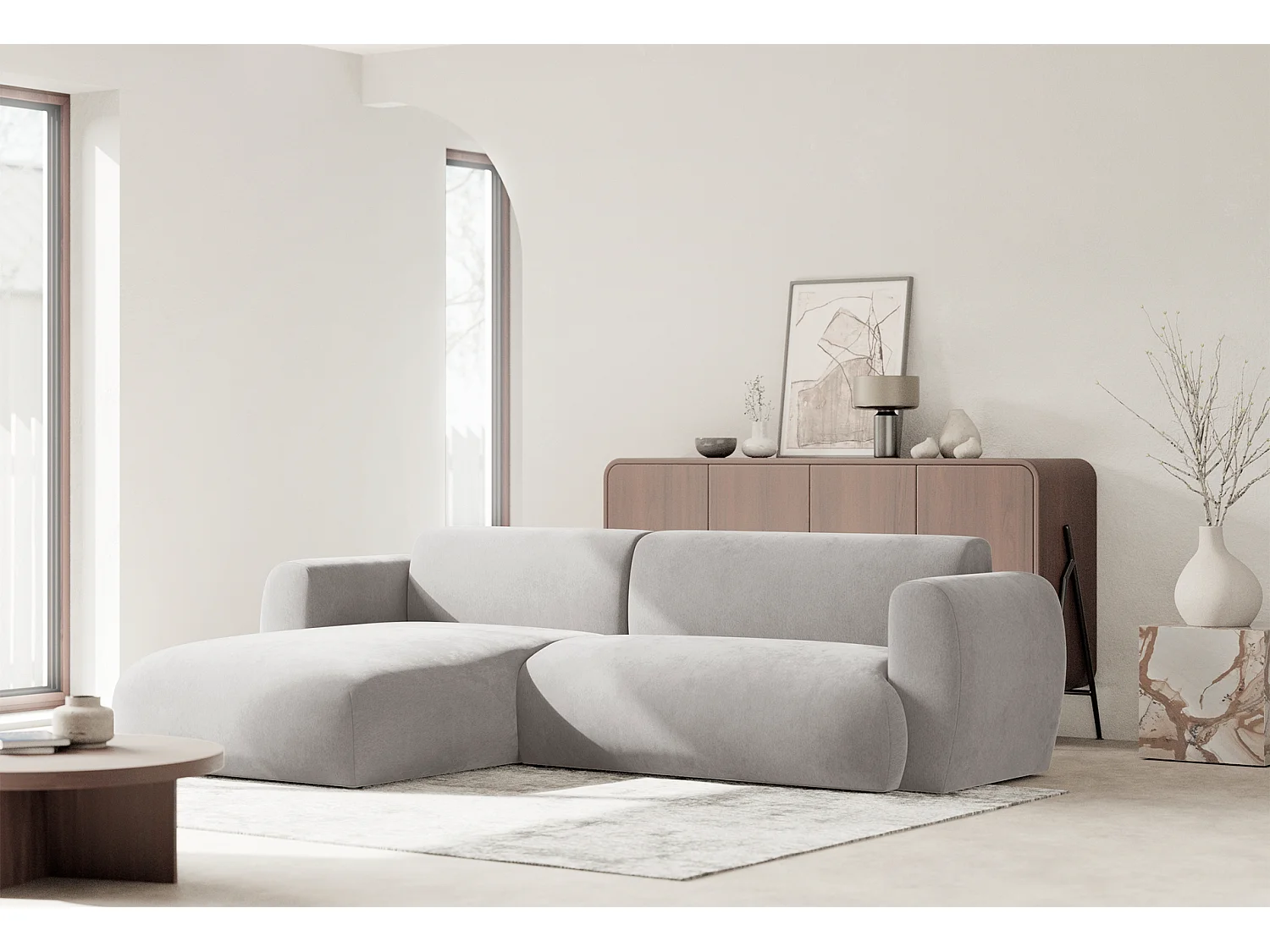 Canapé d’angle avec tissu chenille – couchage – Gris clair – gauche – EMIA