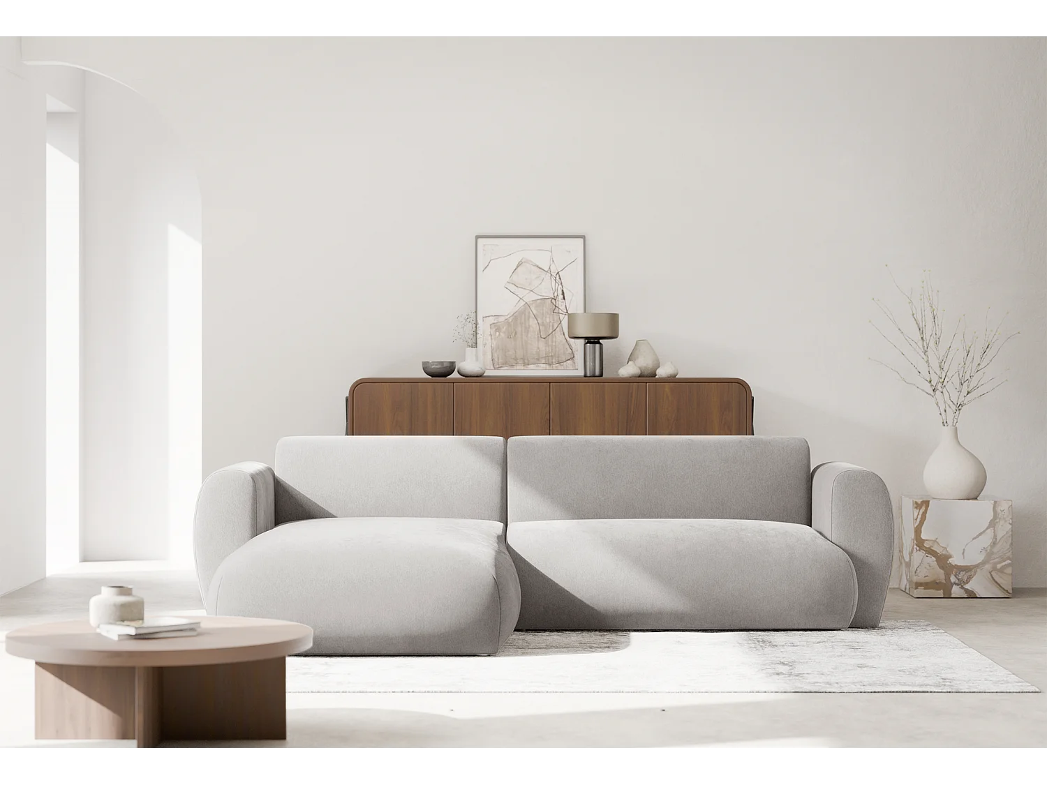 Canapé d’angle avec tissu chenille – couchage – Gris clair – gauche – EMIA