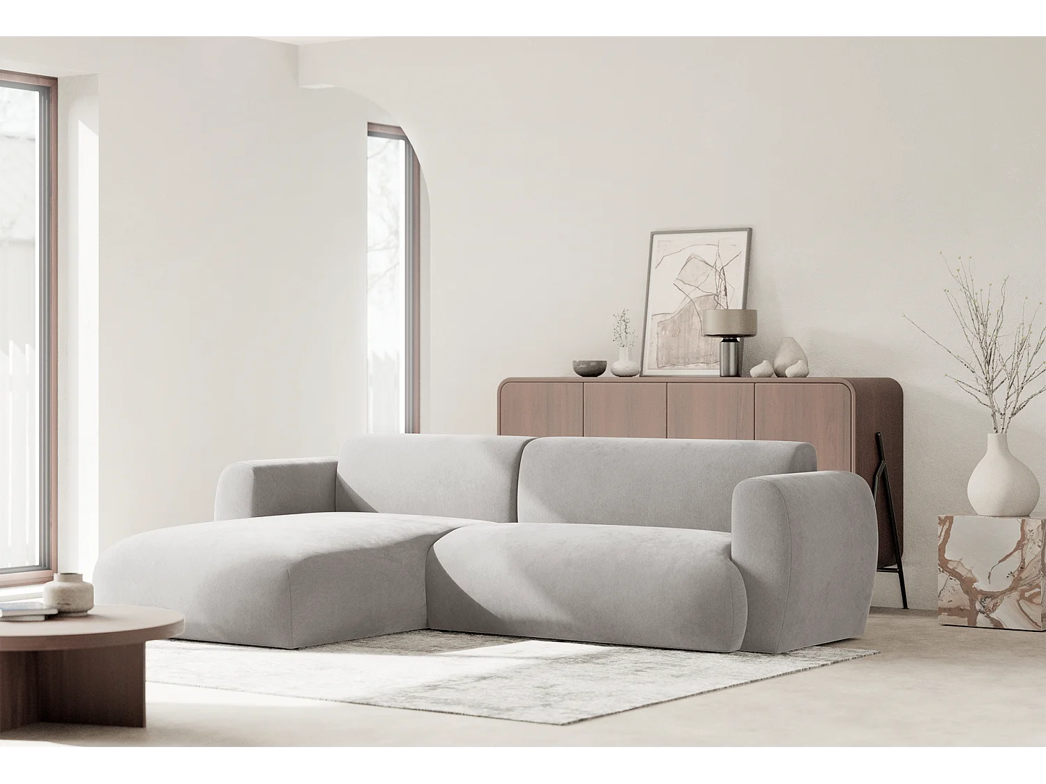 Canapé d’angle avec tissu chenille – couchage – Gris clair – gauche – EMIA