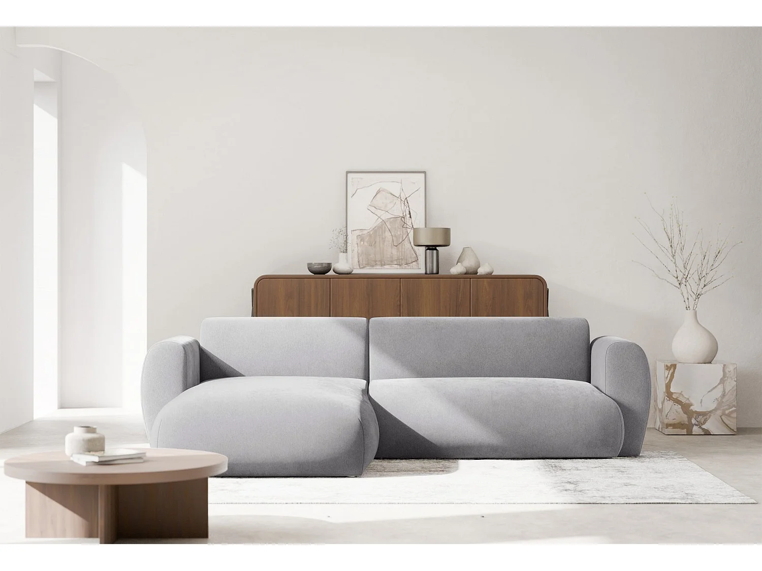 Canapé d’angle avec tissu chenille – couchage – Gris – gauche – EMIA