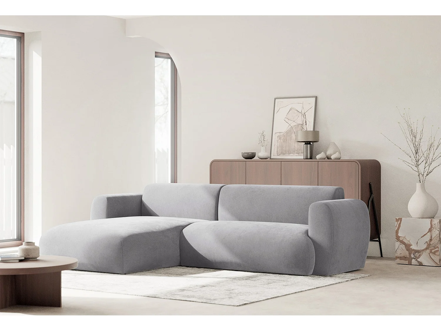 Canapé d’angle avec tissu chenille – couchage – Gris – gauche – EMIA