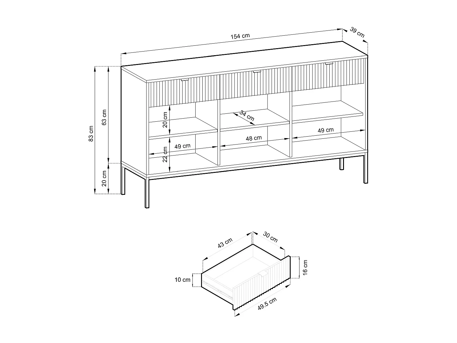 Buffet 3 portes - 154 cm - aspect chêne avec pieds noirs - VELLORE