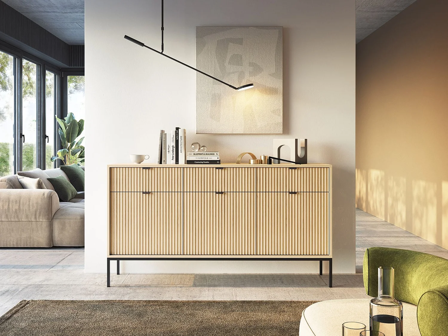 Buffet 3 portes - 154 cm - aspect chêne avec pieds noirs - VELLORE