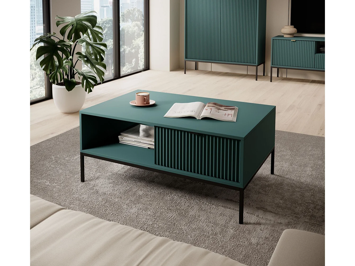 Table basse – 104 x 68 cm – vert avec piètement noir – VELLORE