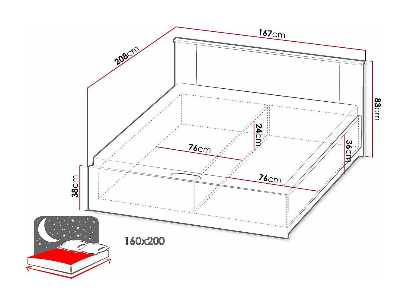 Lit Tenodeu 127, Double, Marron, 160x200, Stratifié, Disponible, 167x208x83cm