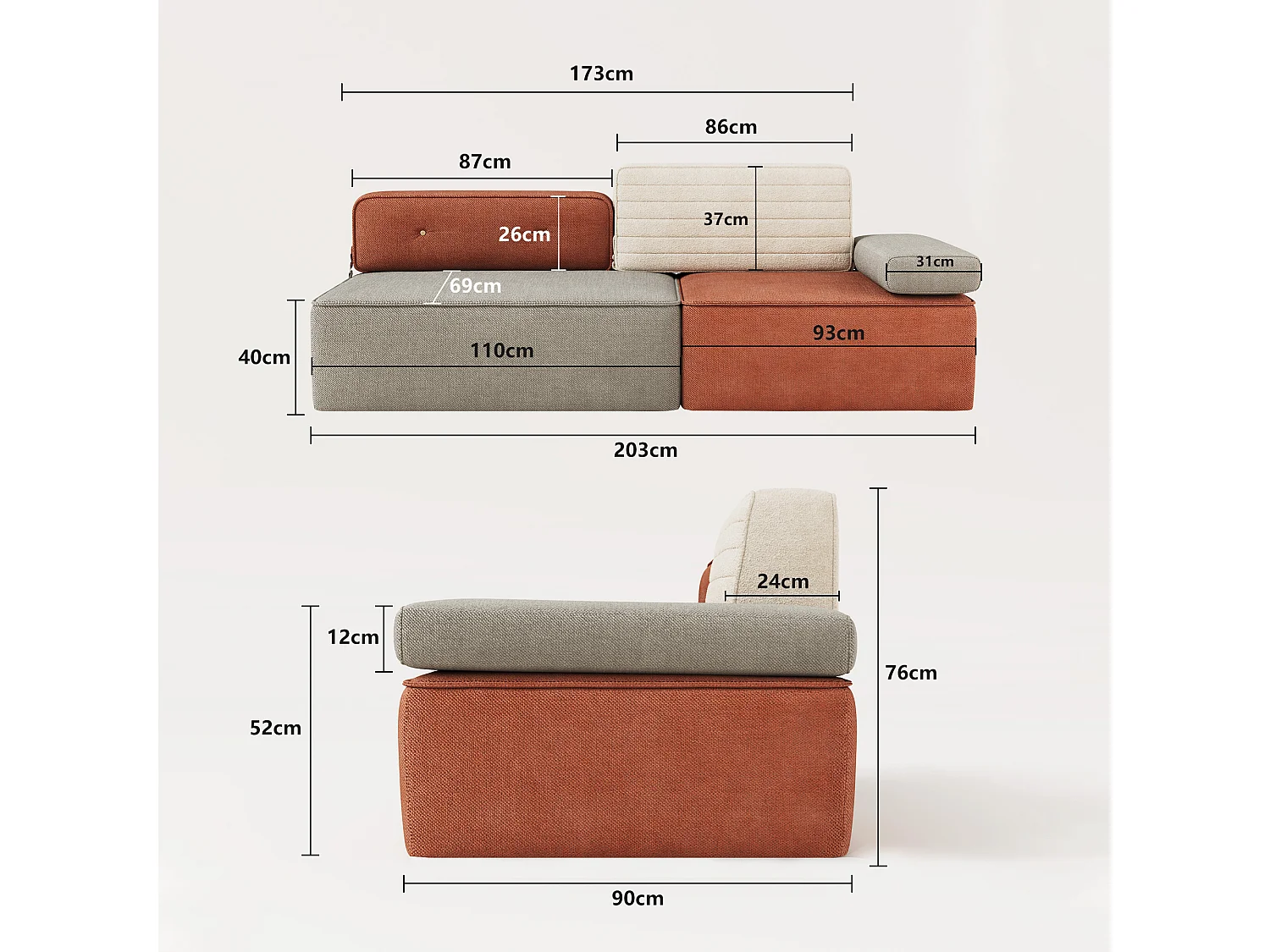 Modulares Ecksofa aus mehrfarbigem Stoff, modernes Wohnzimmeldesign mit abnehmbaren Sitz- und Rückenpolstern, anpassbare Konfiguration für den Wohnbereich
