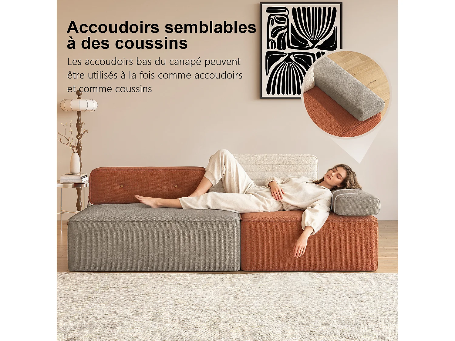 Modulares Ecksofa aus mehrfarbigem Stoff, modernes Wohnzimmeldesign mit abnehmbaren Sitz- und Rückenpolstern, anpassbare Konfiguration für den Wohnbereich