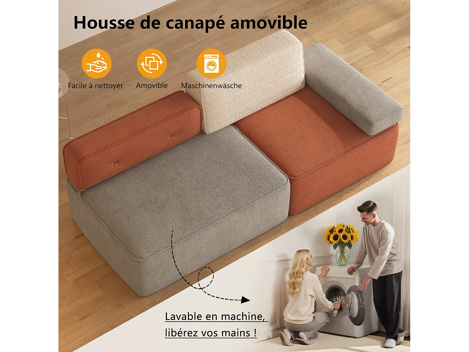 Modulares Ecksofa aus mehrfarbigem Stoff, modernes Wohnzimmeldesign mit abnehmbaren Sitz- und Rückenpolstern, anpassbare Konfiguration für den Wohnbereich