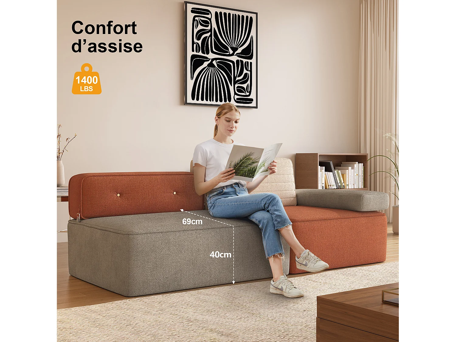 Modulares Ecksofa aus mehrfarbigem Stoff, modernes Wohnzimmeldesign mit abnehmbaren Sitz- und Rückenpolstern, anpassbare Konfiguration für den Wohnbereich