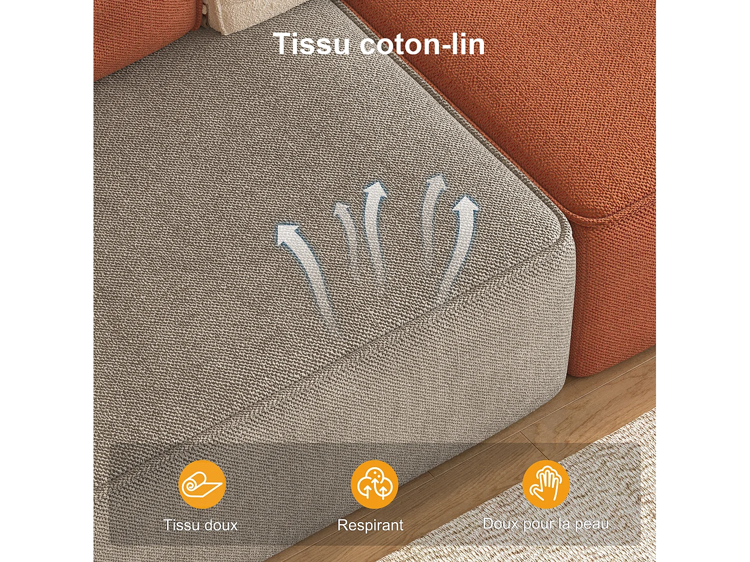 Modulares Ecksofa aus mehrfarbigem Stoff, modernes Wohnzimmeldesign mit abnehmbaren Sitz- und Rückenpolstern, anpassbare Konfiguration für den Wohnbereich