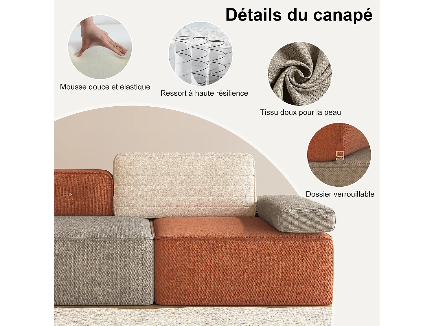 Modulares Ecksofa aus mehrfarbigem Stoff, modernes Wohnzimmeldesign mit abnehmbaren Sitz- und Rückenpolstern, anpassbare Konfiguration für den Wohnbereich