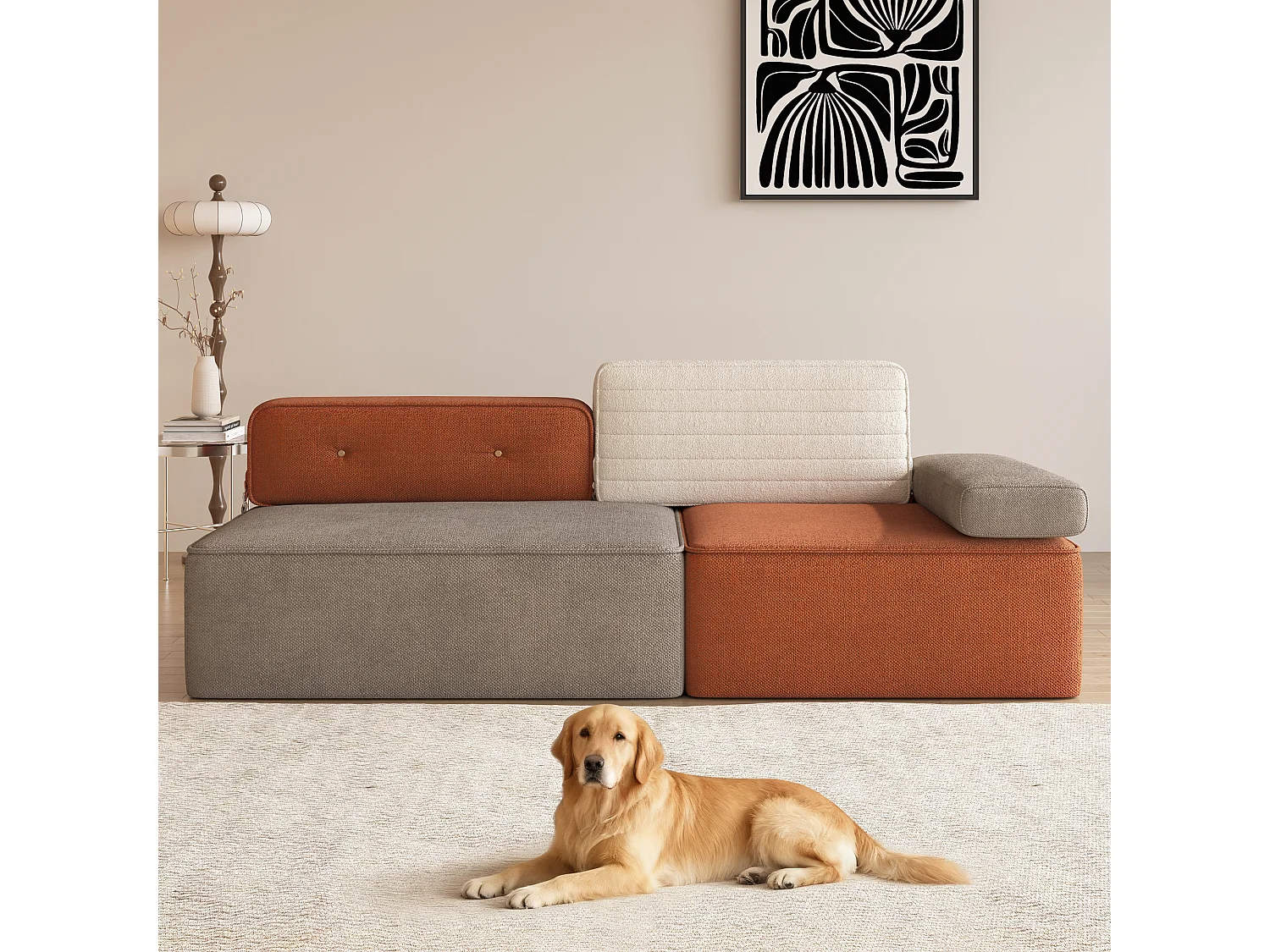 Modulares Ecksofa aus mehrfarbigem Stoff, modernes Wohnzimmeldesign mit abnehmbaren Sitz- und Rückenpolstern, anpassbare Konfiguration für den Wohnbereich