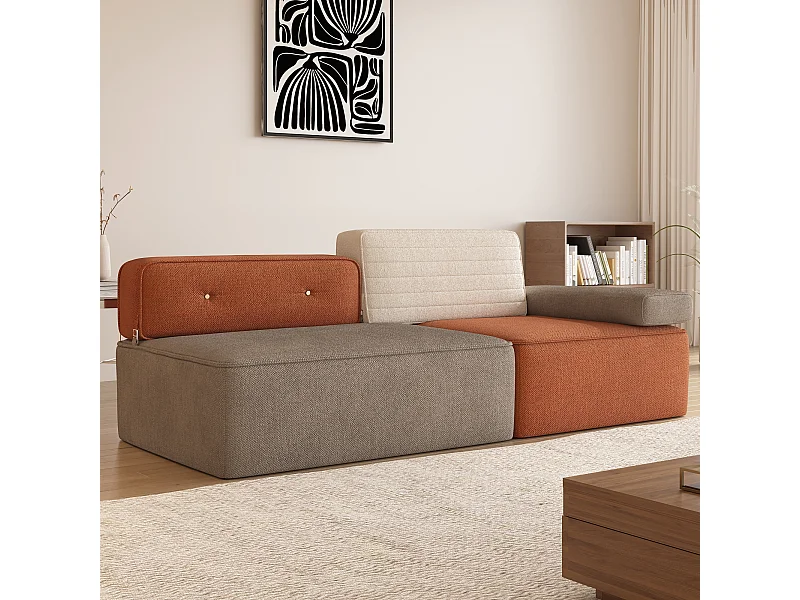 Modulares Ecksofa aus mehrfarbigem Stoff, modernes Wohnzimmeldesign mit abnehmbaren Sitz- und Rückenpolstern, anpassbare Konfiguration für den Wohnbereich